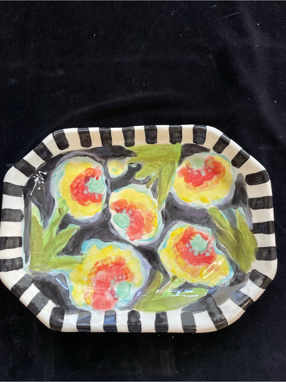 Gerbera DaisiesOn Black Handmade Ceramic 8 Sided Platter 13”x10” Original Design